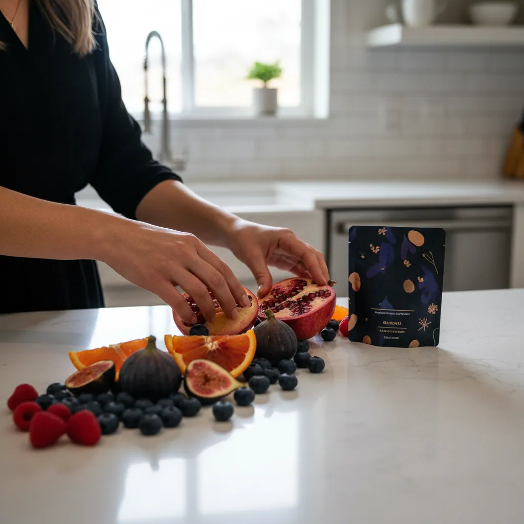 Hands arranging fresh fruit alongside a supplement sachet on a kitchen counter